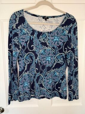 Talbots Blue Paisley Print Long Sleeve Stretch Top Size Medium